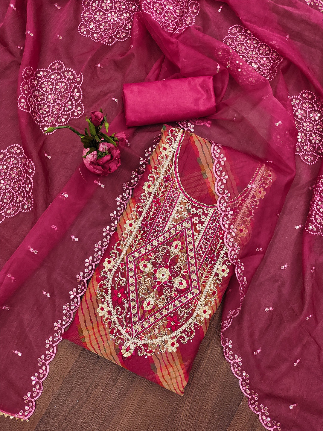 

KALINI Beads and Stones Embellished Organza Unstitched Dress Material, Pink