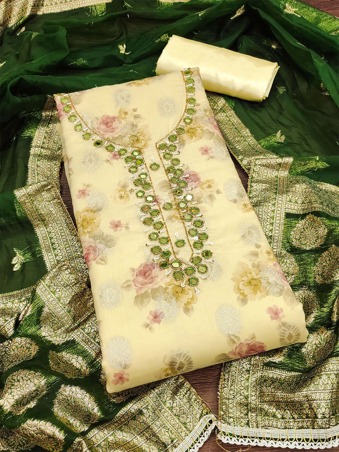 

KALINI Floral Printed Mirror Work Unstitched Dress Material, Yellow