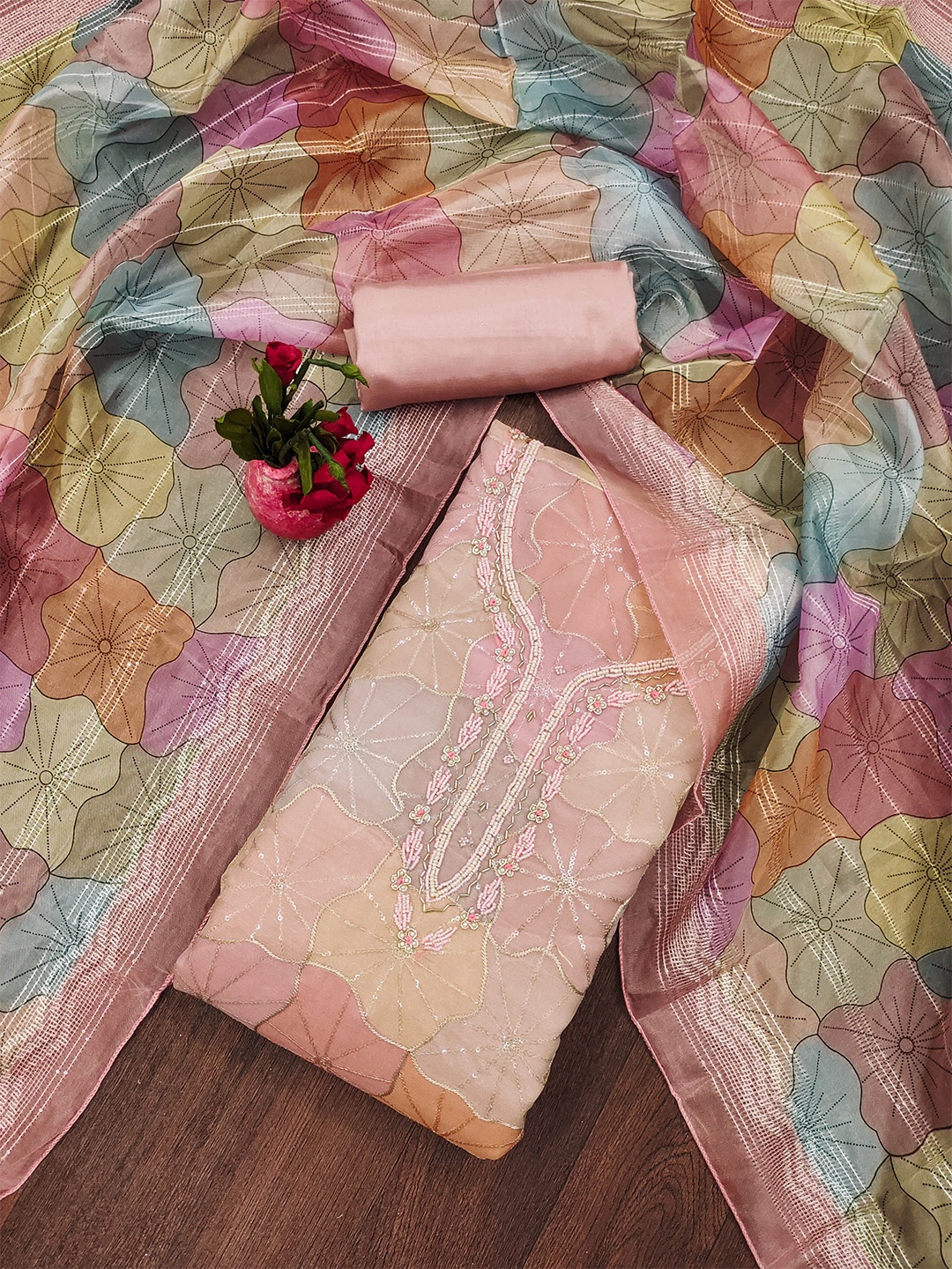 KALINI Floral Embroidered Sequence Unstitched Dress Material, Peach