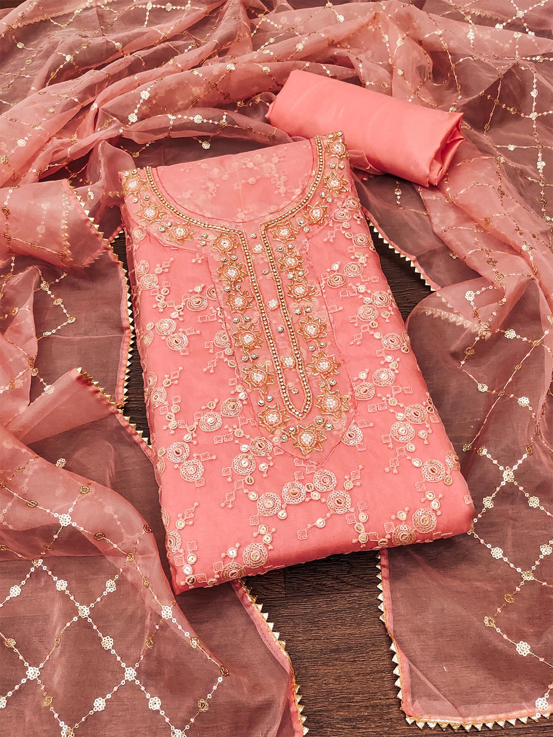 

KALINI Embroidered Pure Organza Unstitched Dress Material, Peach