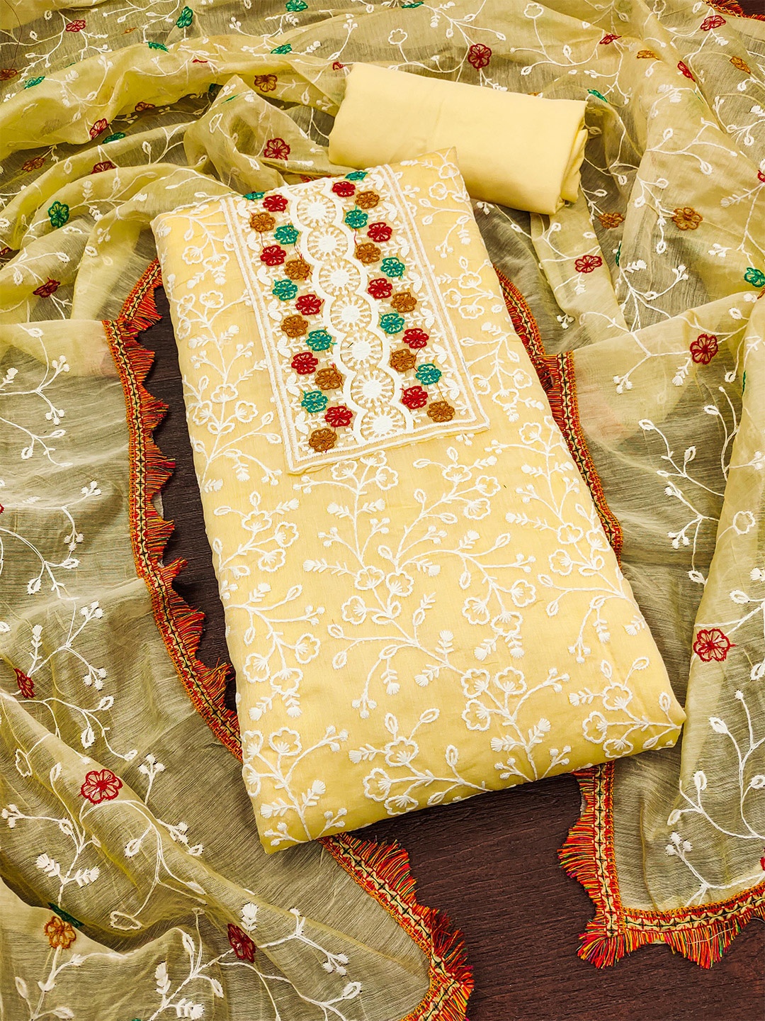 

KALINI Floral Embroidered Unstitched Dress Material, Yellow