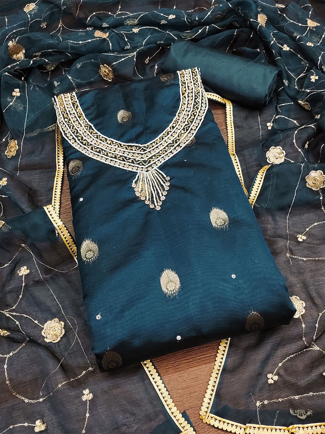 

KALINI Ethnic Motifs Organza Unstitched Dress Material, Teal