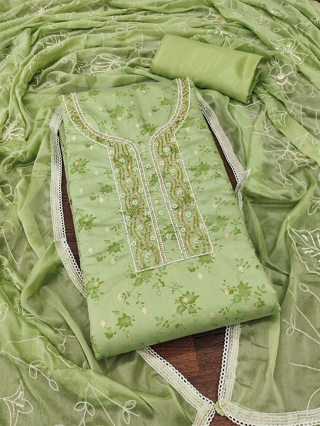 

KALINI Floral Printed Beads and Stones Unstitched Dress Material, Green
