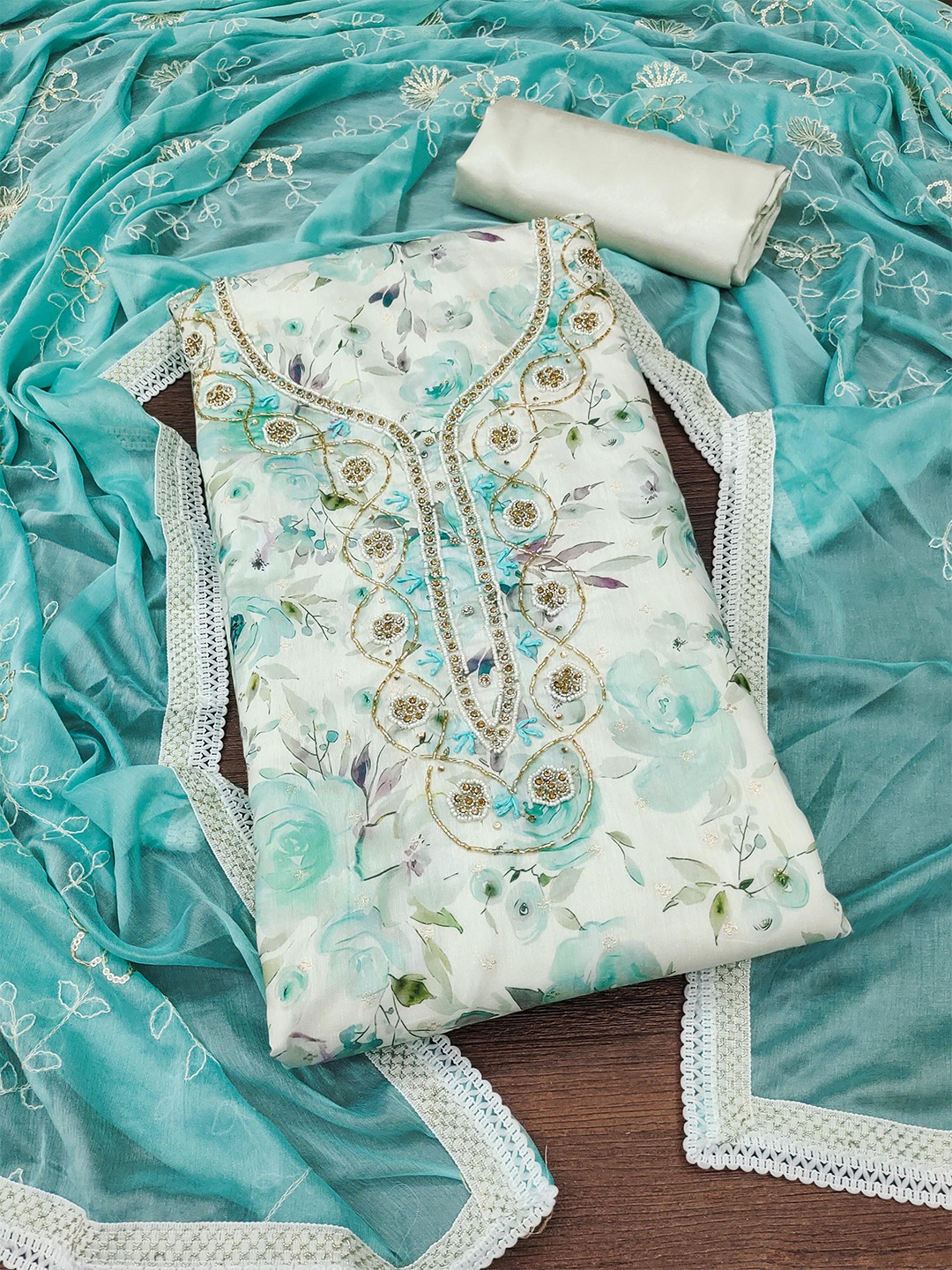 

KALINI Floral Printed Beads and Stones Unstitched Dress Material, White