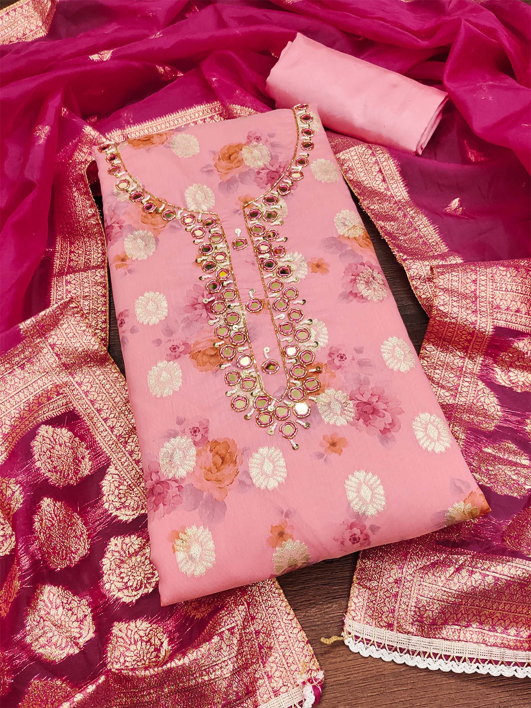 

KALINI Ethnic Motifs Embellished Unstitched Dress Material, Pink