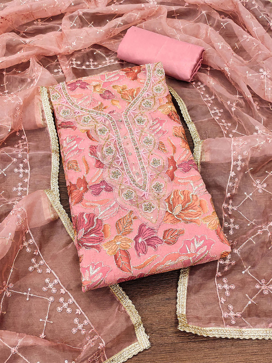 

KALINI Floral Printed Beads and Stones Unstitched Dress Material, Peach