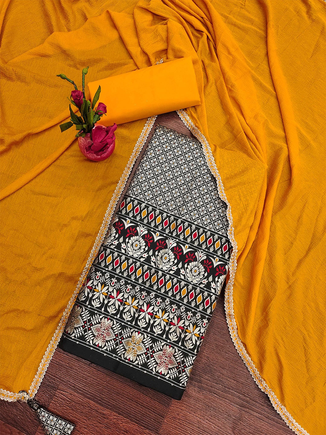 

KALINI Ethnic Motif Woven Design Zari Banarasi Unstitched Dress Material, Black