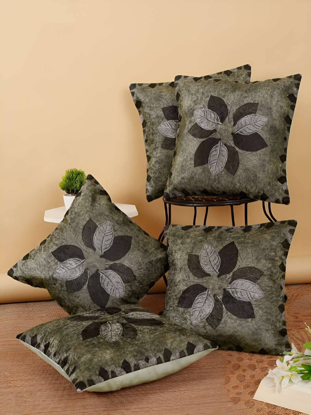FABINALIV Green & Grey 5 Pieces Floral Square Cushion Covers
