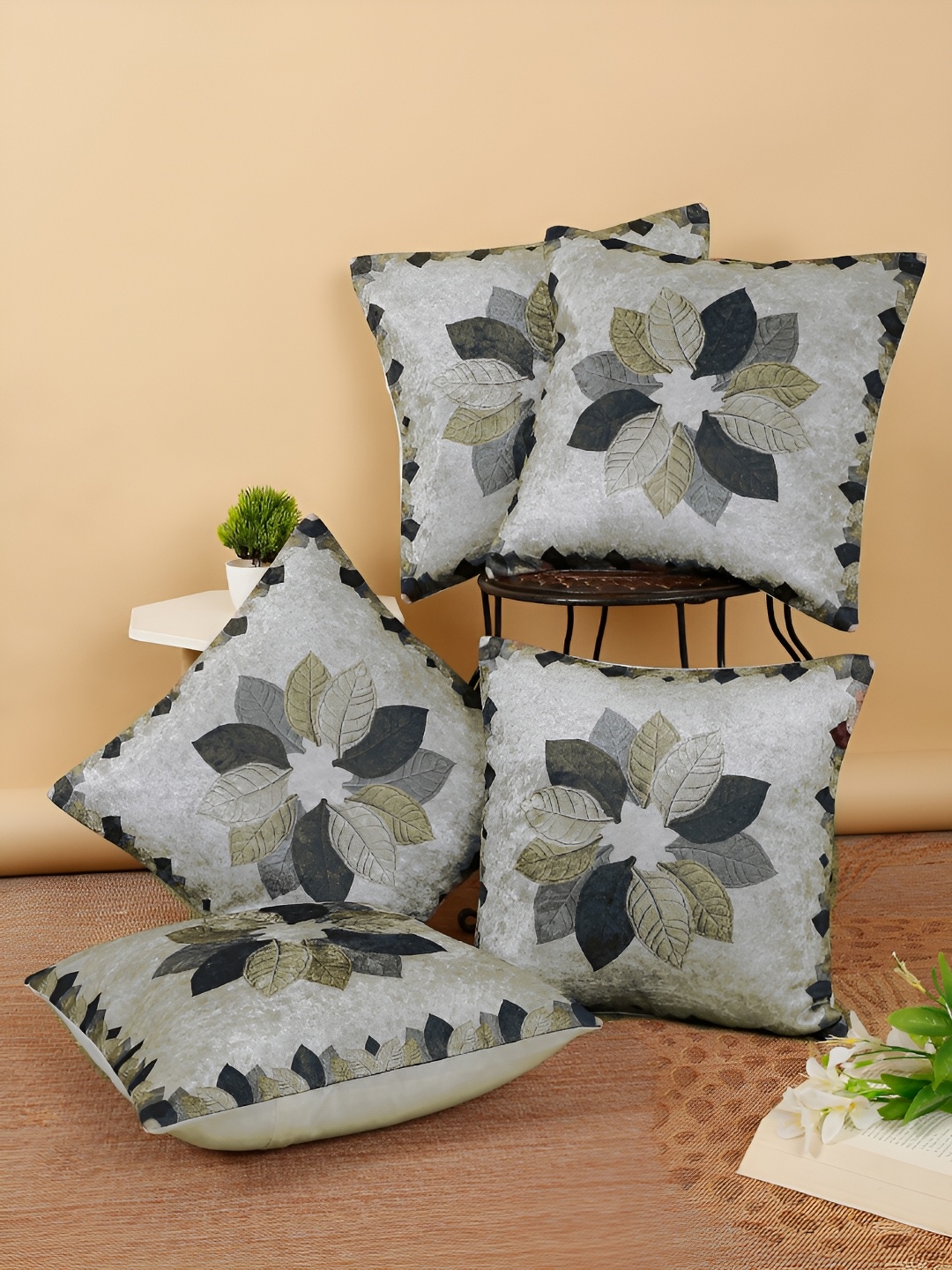 FABINALIV White & Grey 5 Pieces Floral Square Cushion Covers