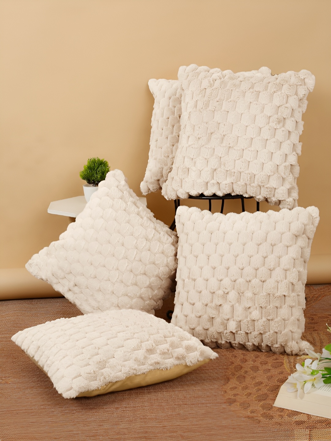 

FABINALIV Beige 5 Pieces Geometric Square Cushion Covers