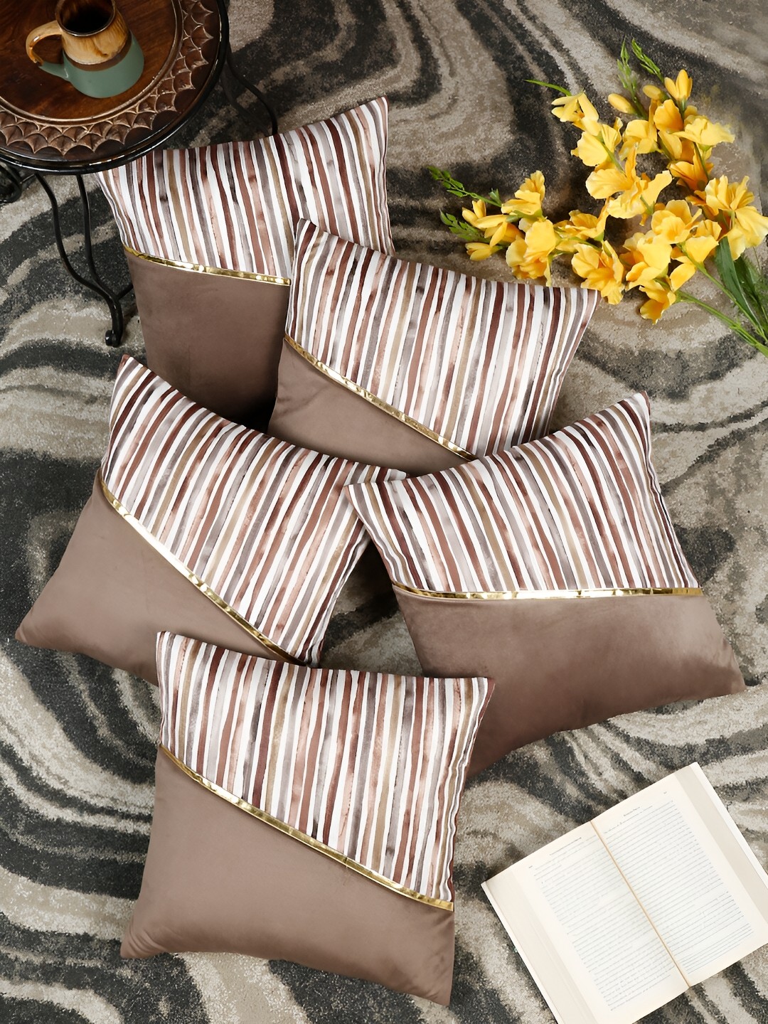 

FABINALIV Brown & White 5 Pieces Striped Square Cushion Covers