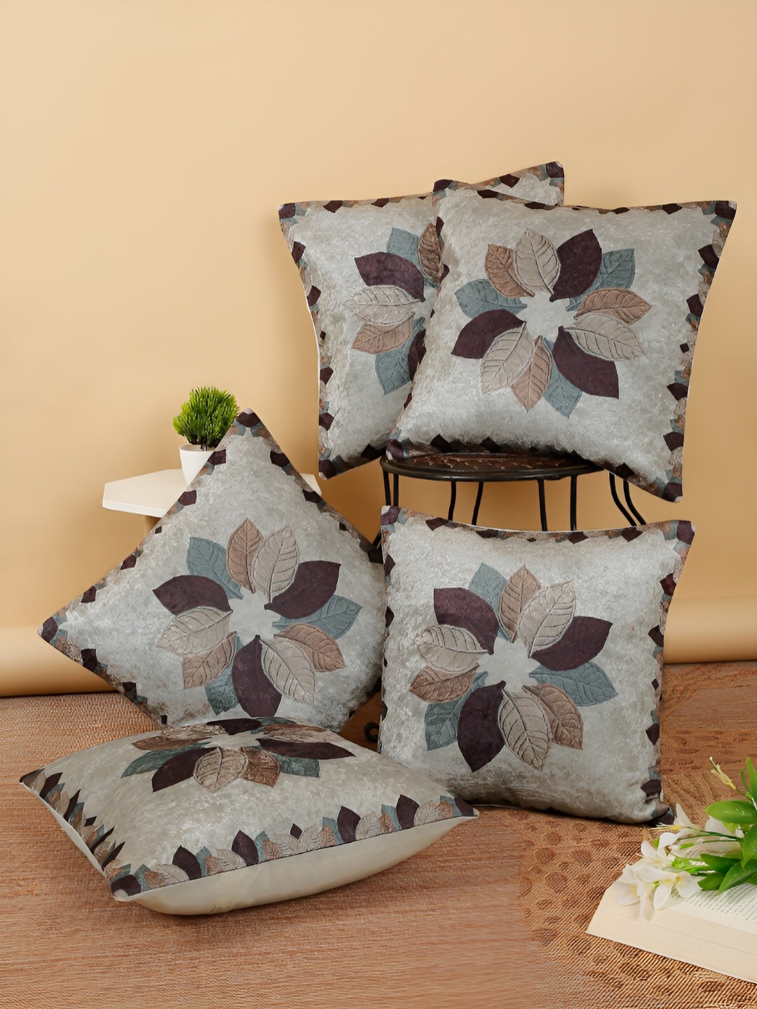 FABINALIV Cream Coloured & Green 5 Pieces Floral Square Cushion Covers