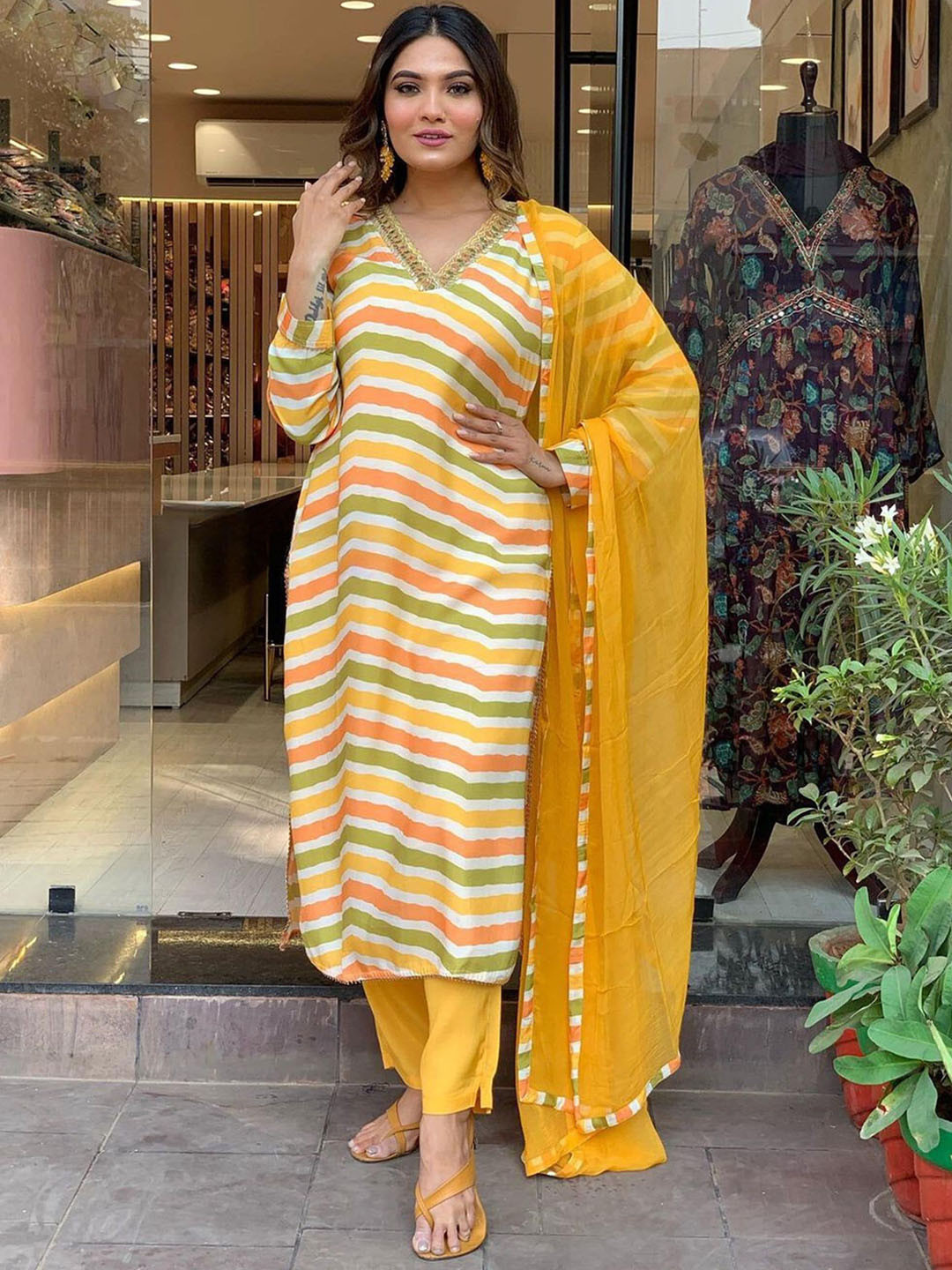 

KALINI Leheriya Printed Thread Work Pure Cotton Kurta with Trousers & Dupatta, Yellow