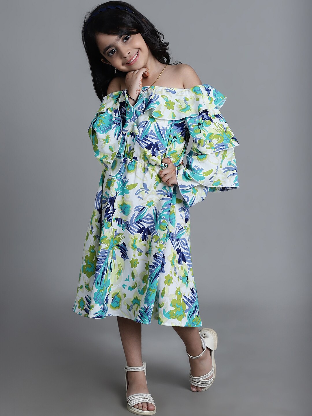 

MINI & MING Girls Floral Printed Off-Shoulder Bell Sleeve Crepe A-Line Midi Dress, Blue