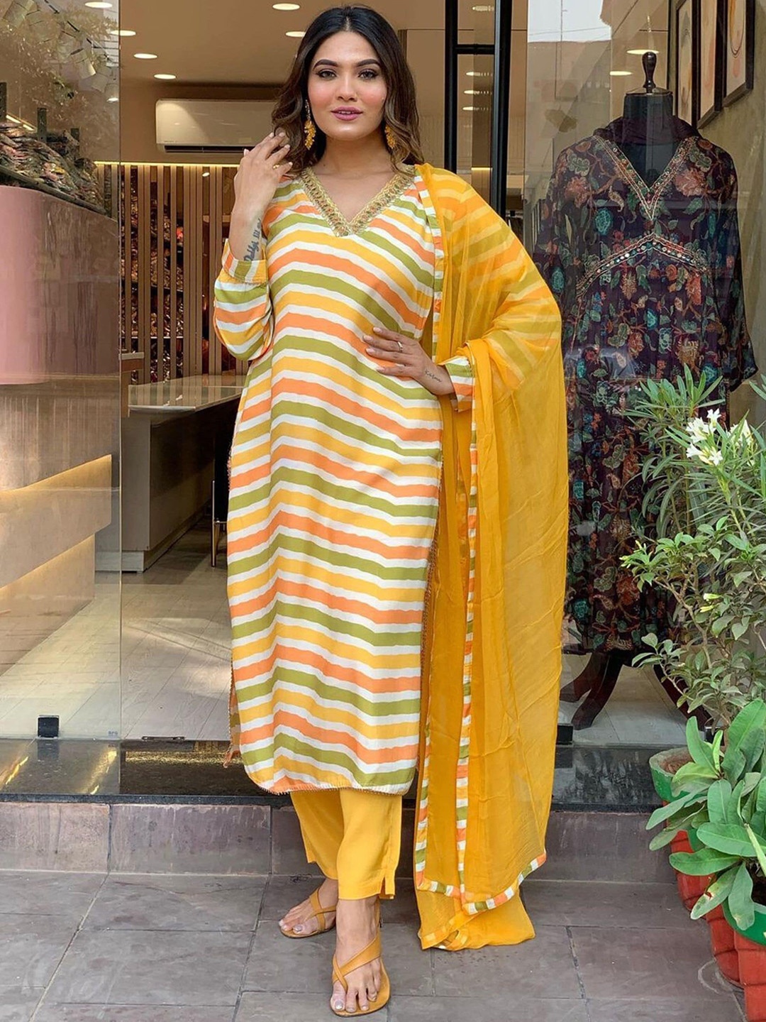 

NIZA FASHION Striped Regular Thread Work Pure Cotton Kurta With Trousers & Dupatta, Yellow