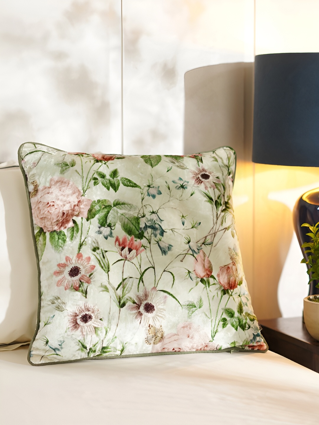 

Pure Home and Living Green & Blue Floral Square Cotton Cushion Cover