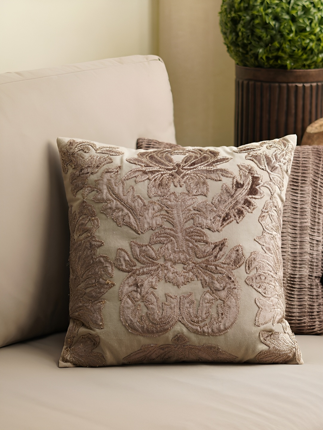 

Pure Home and Living Brown & Off White Ethnic Motifs Square Cotton Cushion Cover