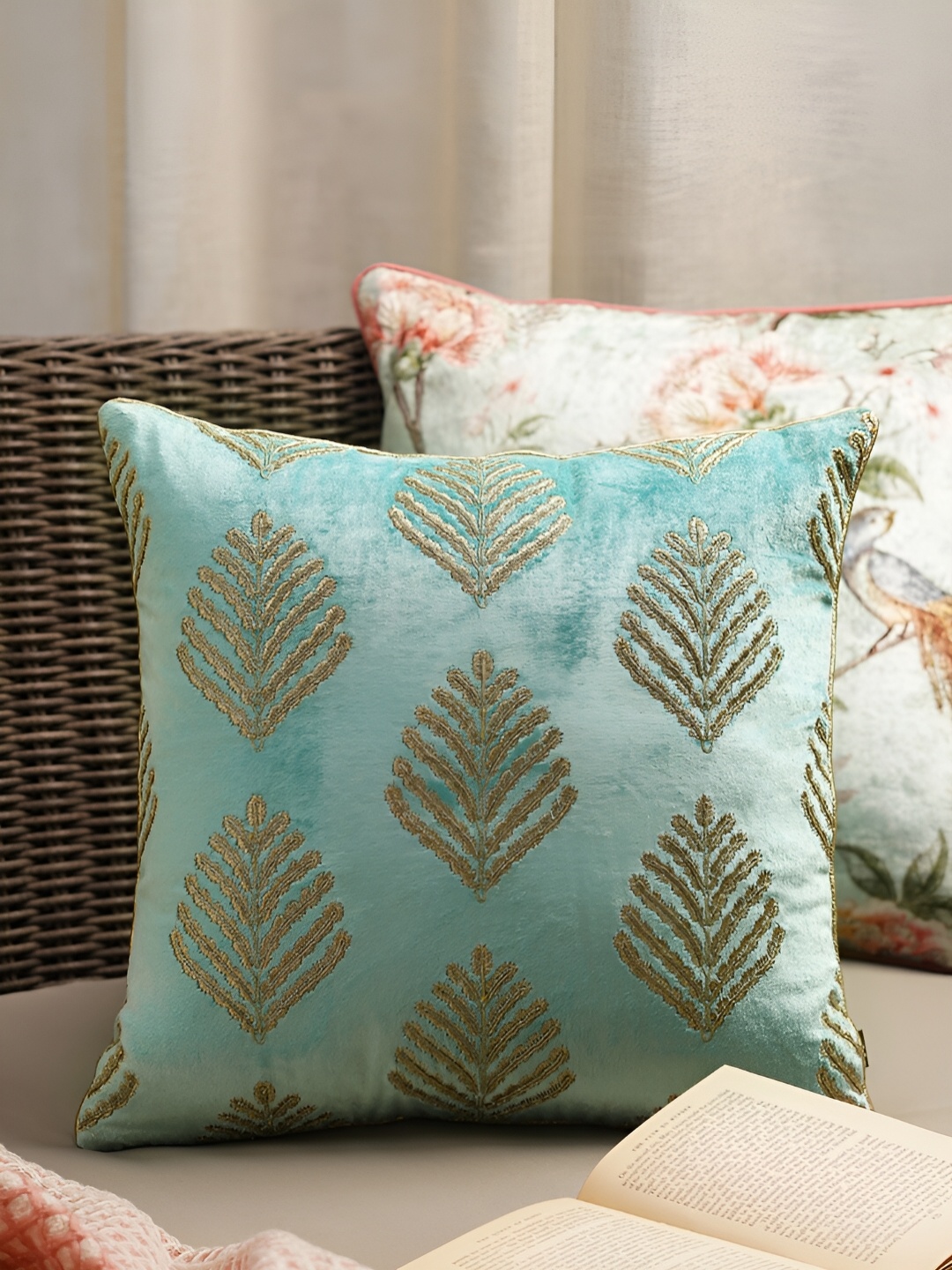 

Pure Home and Living Blue & Gold Toned Embroidered Square Cotton Cushion Cover