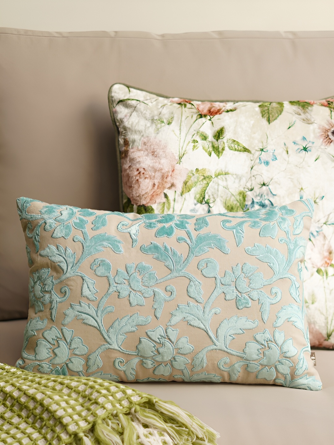 

Pure Home and Living Blue & Beige Floral Rectangle Cotton Cushion Cover