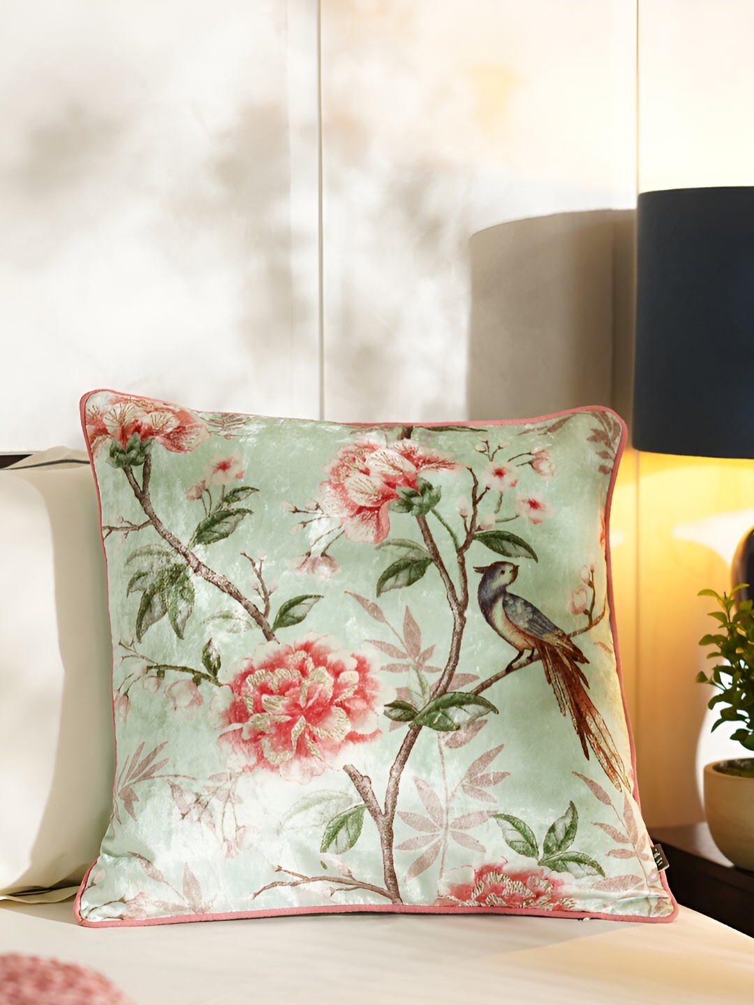 

Pure Home and Living Blue & Pink Floral Square Velvet Cushion Cover