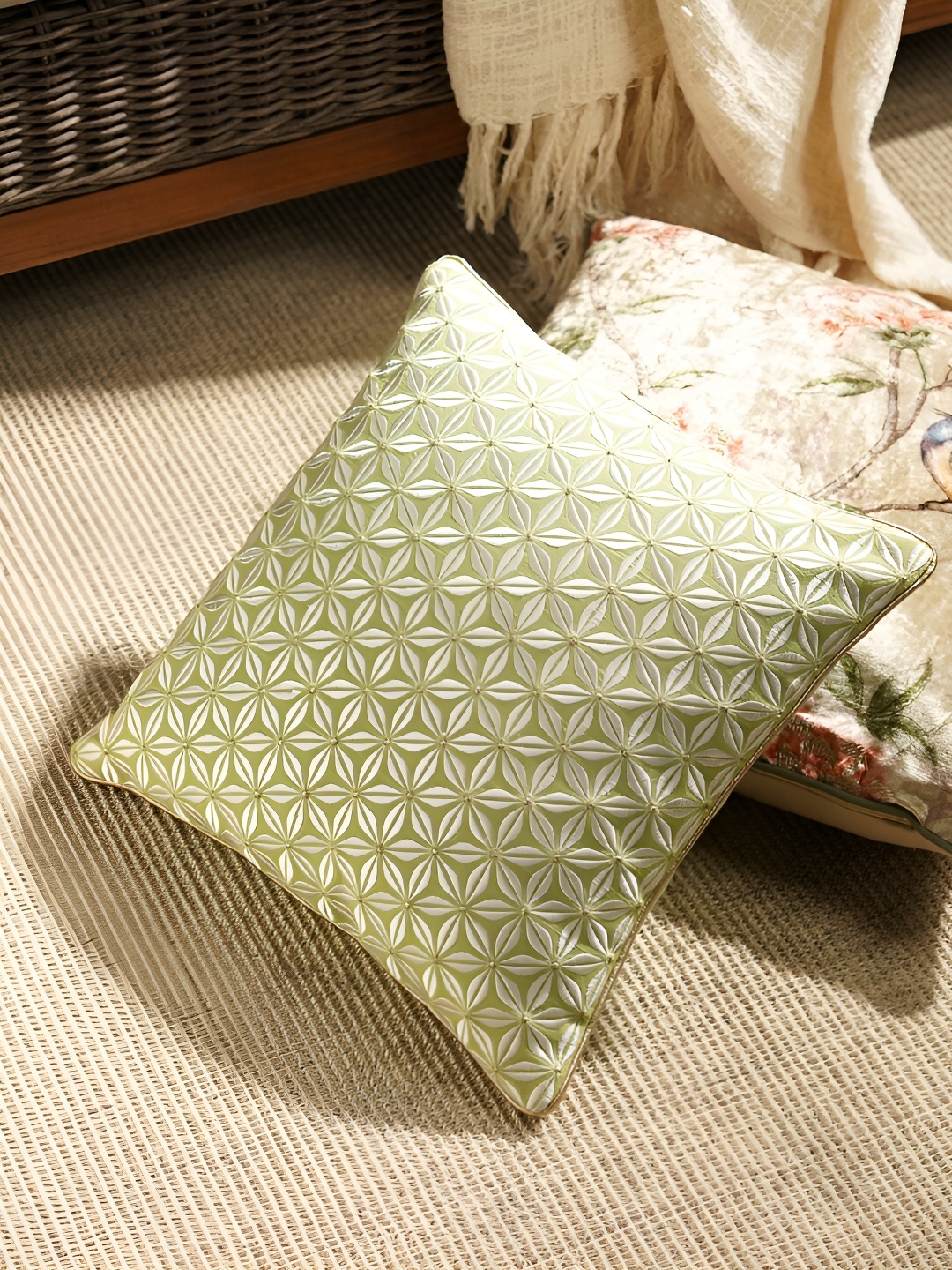 

Pure Home and Living Green & White Embroidered Square Cotton Cushion Cover