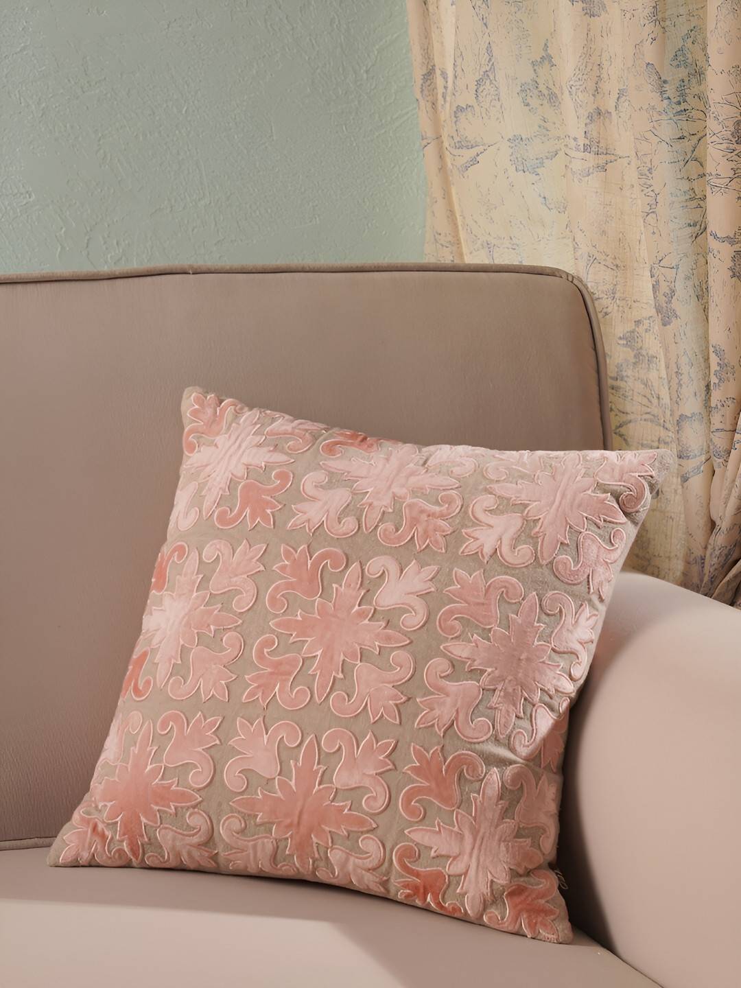 

Pure Home and Living Pink & Beige Ethnic Motifs Velvet Square Cushion Cover