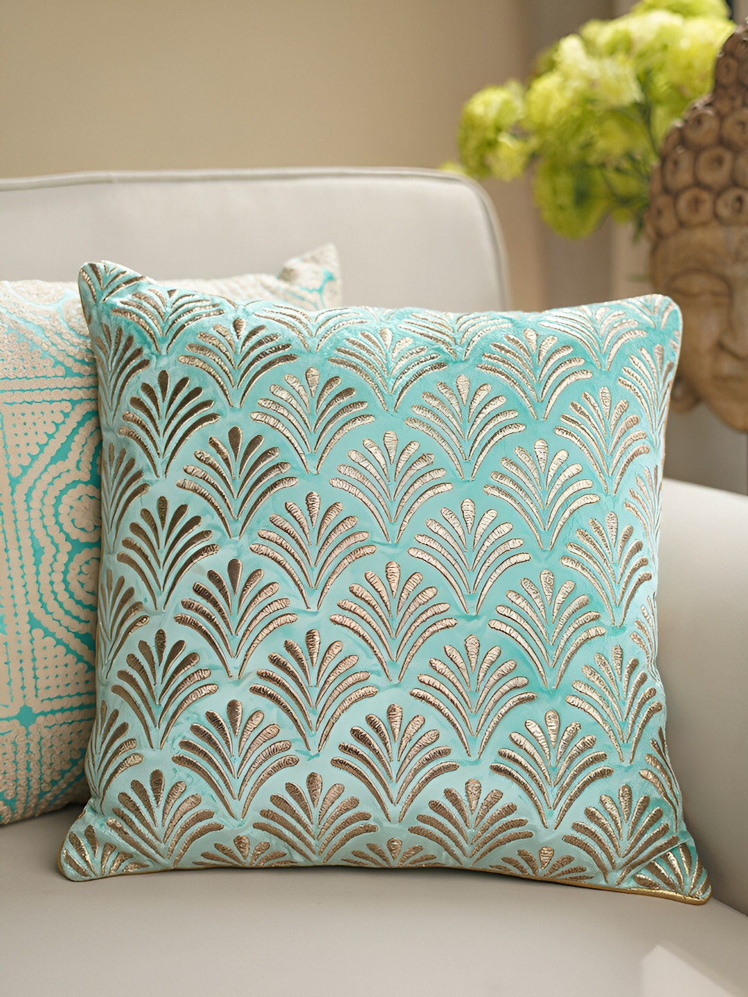 

Pure Home and Living Blue & Gold Toned Embroidered Square Cotton Cushion Cover