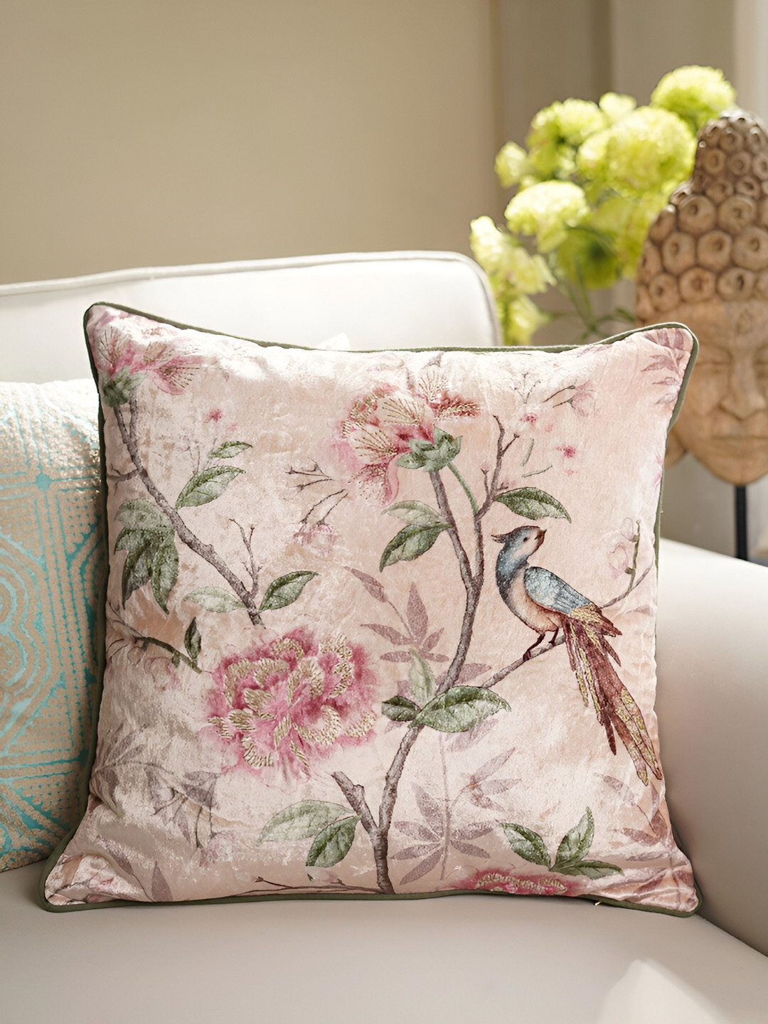 

Pure Home and Living Pink & Pink Floral Square Velvet Cushion Cover