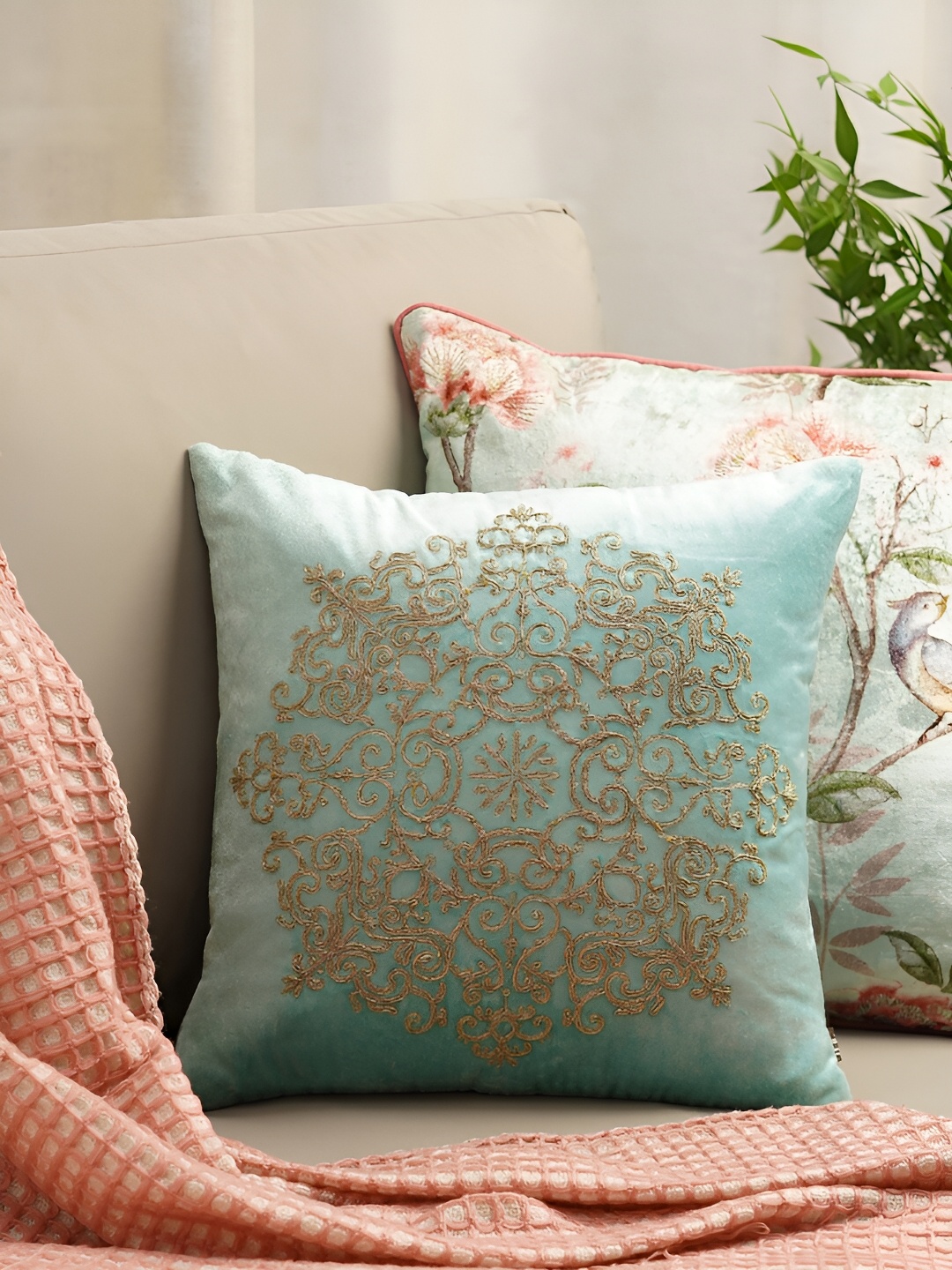 

Pure Home and Living Blue & Gold Toned Embroidered Square Cushion Cover