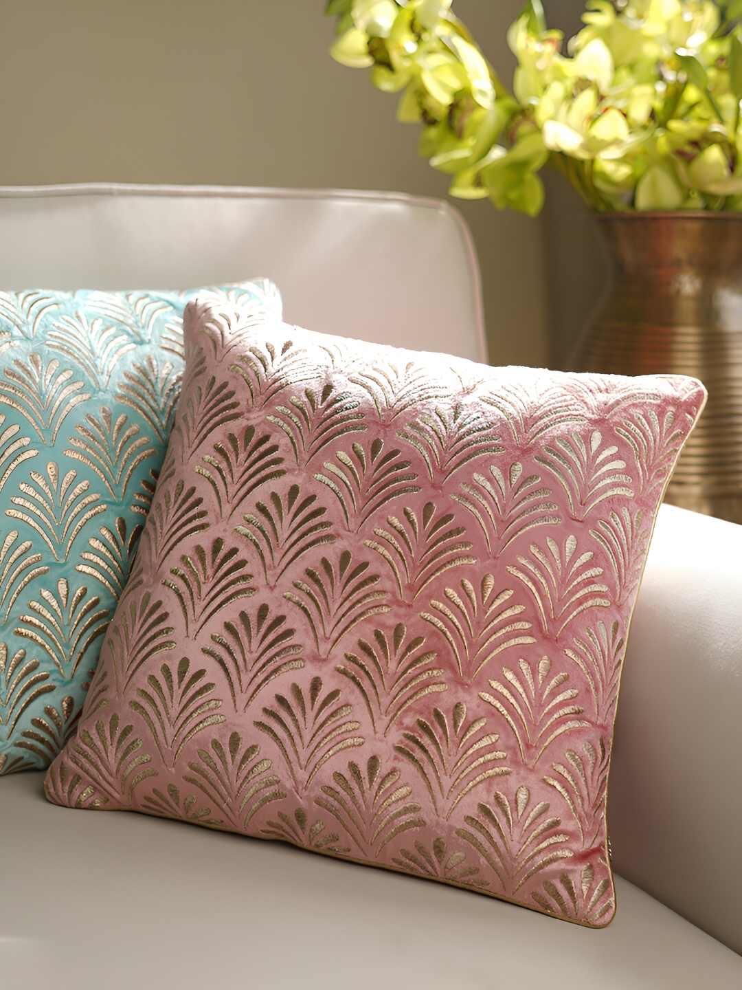 

Pure Home and Living Pink & Gold-Toned Embroidered Square Cotton Cushion Cover