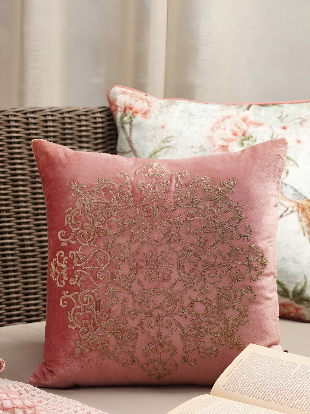 

Pure Home and Living Pink & Gold Toned Embroidered Square Cotton Cushion Cover