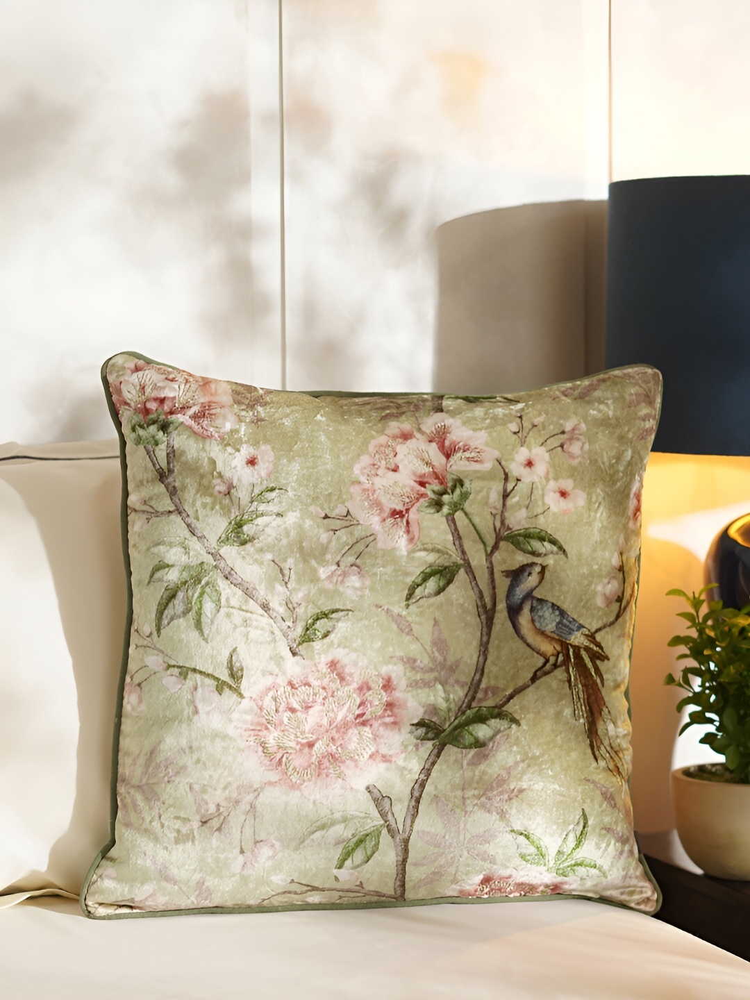 

Pure Home and Living Green & Pink Floral Square Cotton Cushion Cover