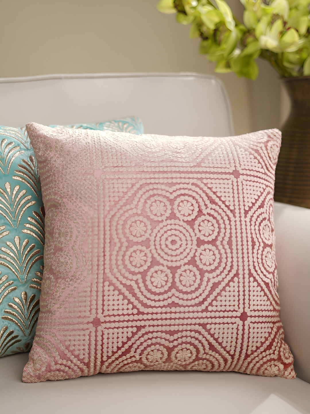 

Pure Home and Living Pink & Off White Ethnic Motifs Square Cotton Cushion Cover