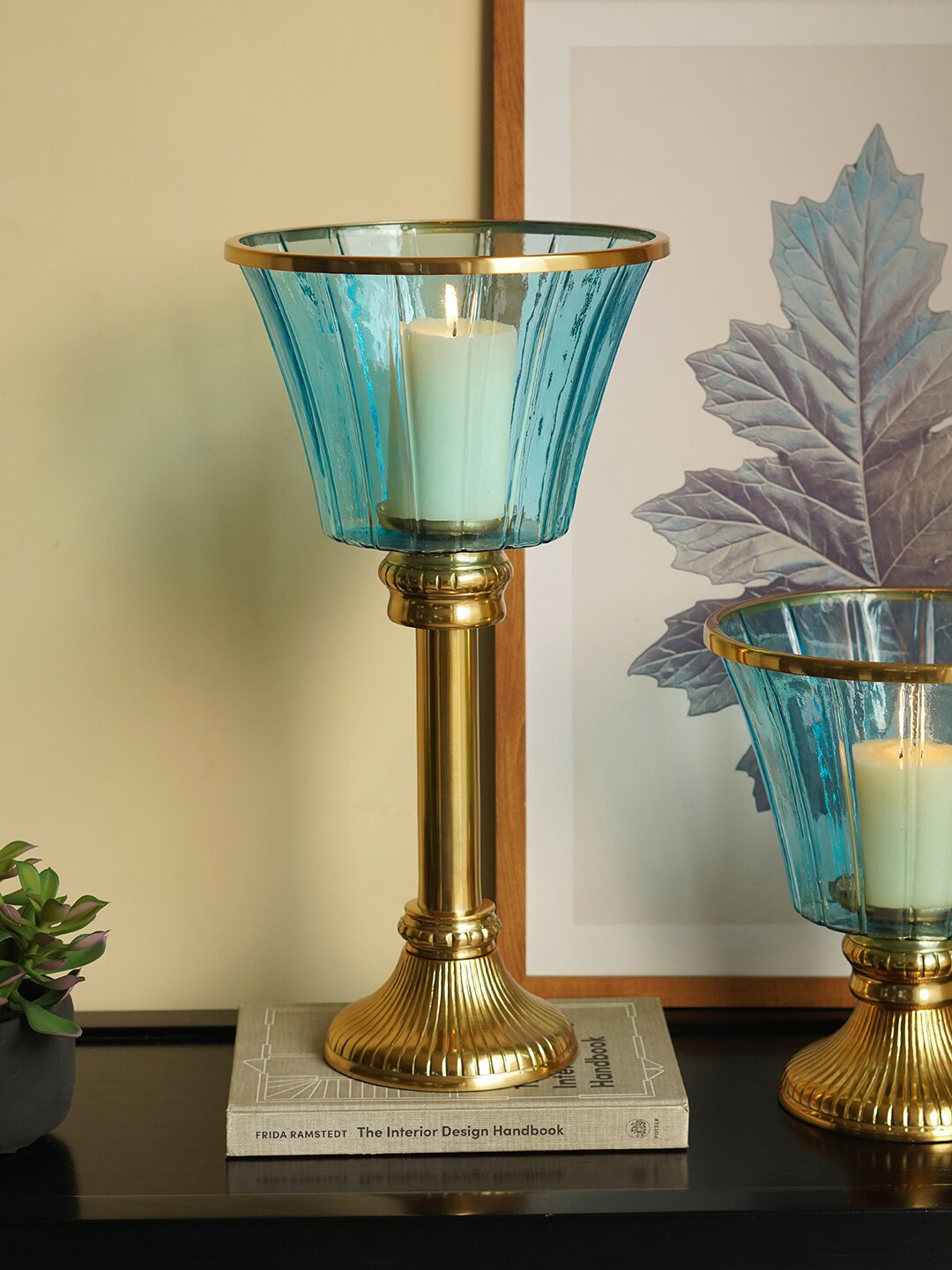 

Pure Home and Living Blue & Gold Toned Glass Hurricane Candle Holders
