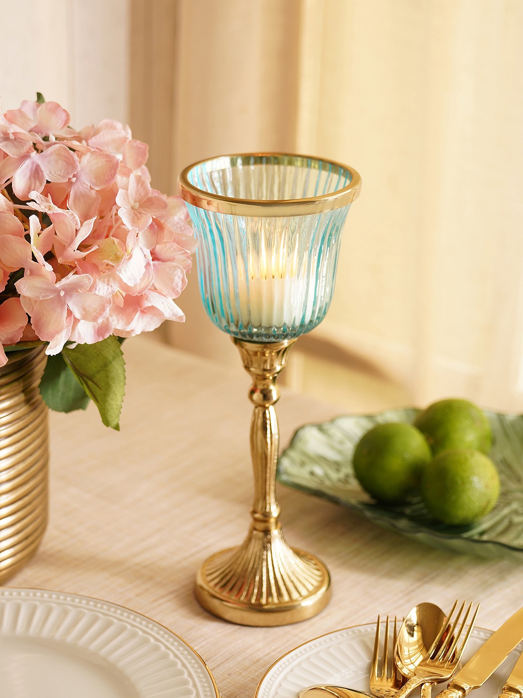

Pure Home and Living Blue & Gold Toned Ribbed Candle Holder