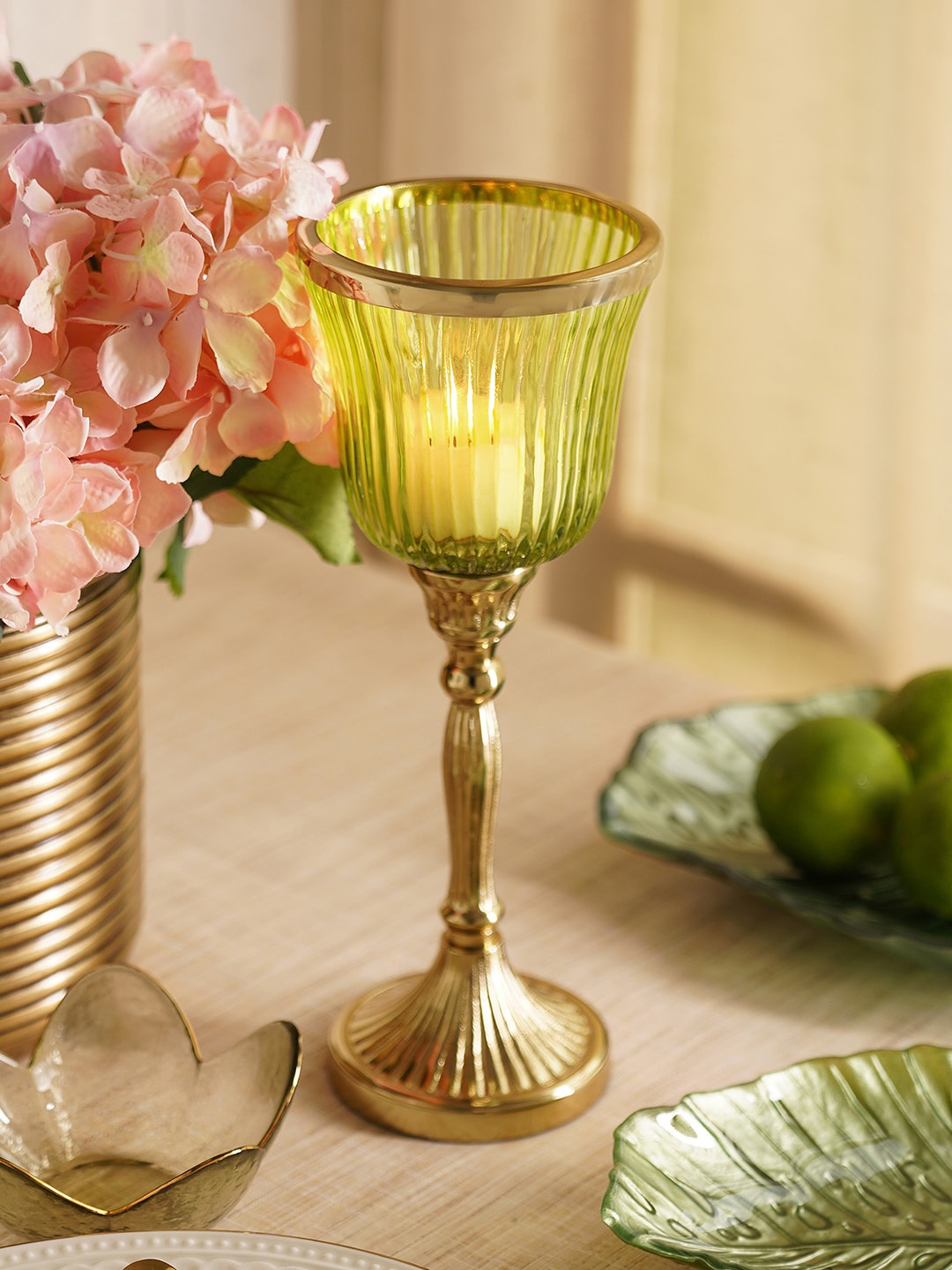 

Pure Home and Living Green & Gold Toned Ribbed Candle Holder With Stand