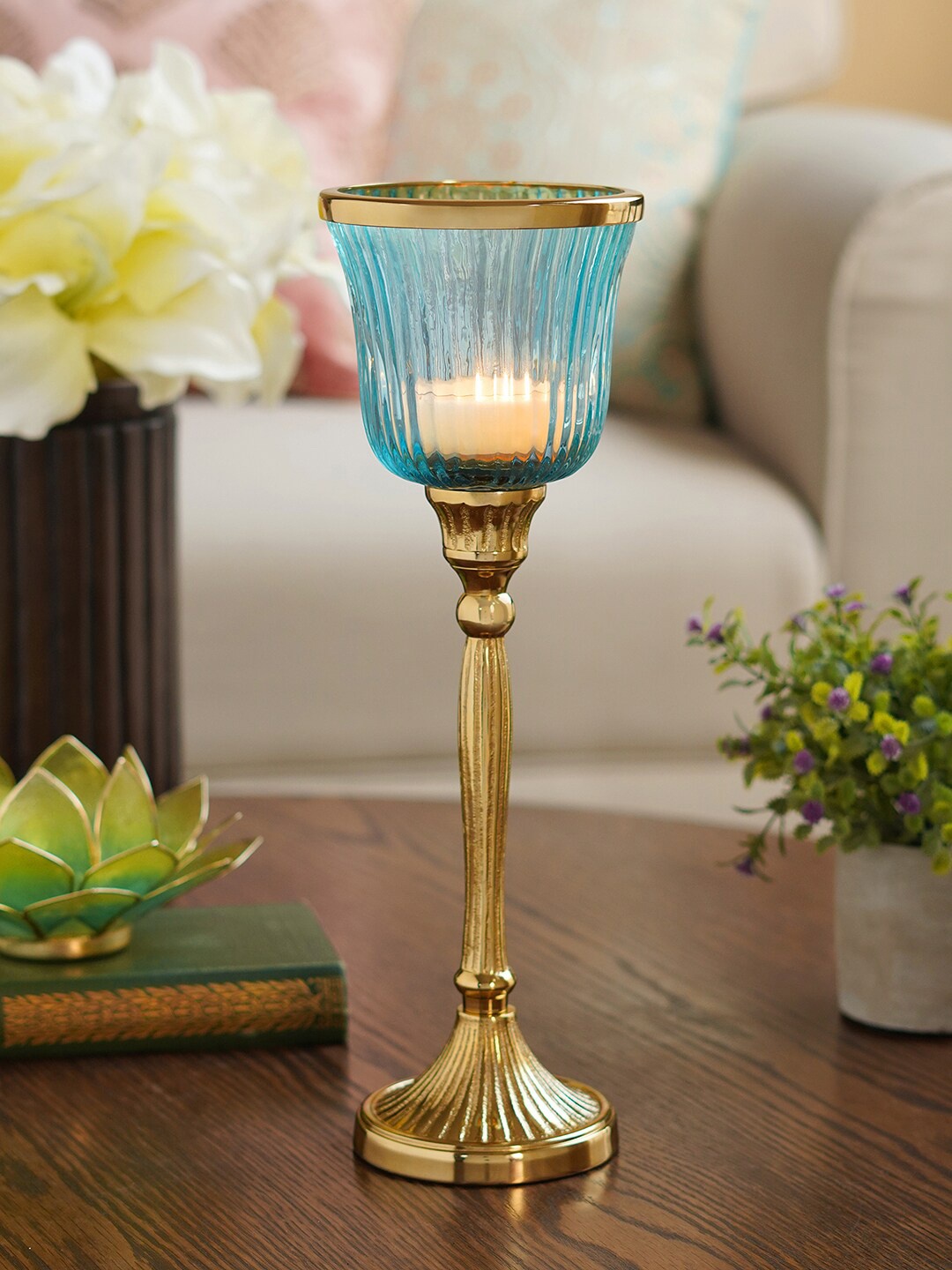 

Pure Home and Living Blue & Gold Toned Ribbed Candle Holder With Stand