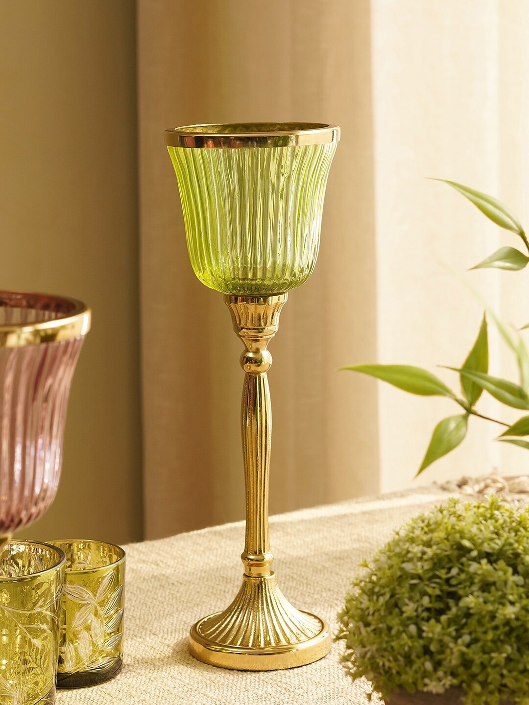 

Pure Home and Living Green & Gold Toned Ribbed Candle Holder With Stand
