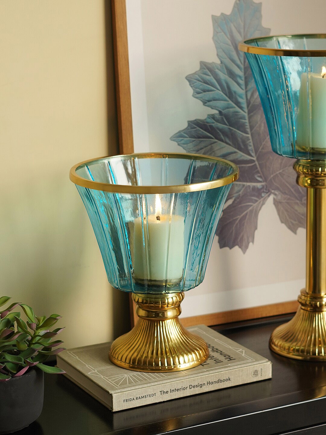 

Pure Home and Living Blue & & Gold Toned Ribbed Candle Holder With Stand