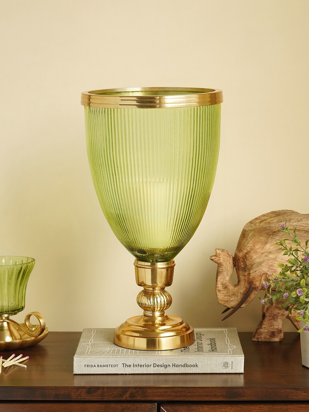 

Pure Home and Living Green & Gold Toned Ribbed Candle Holder With Stand