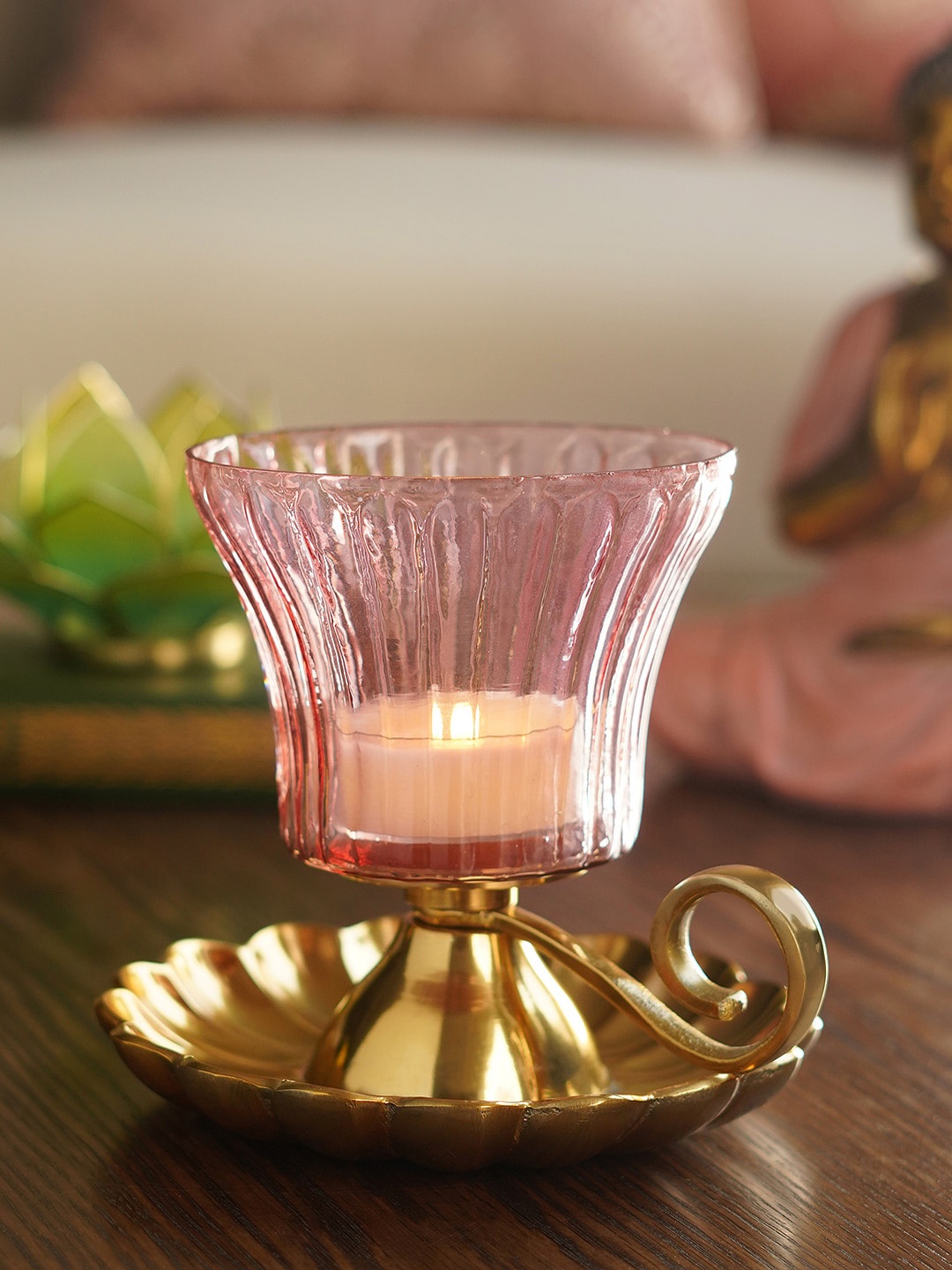 

Pure Home and Living Pink & Gold Toned Ribbed Candle Holder With Stand