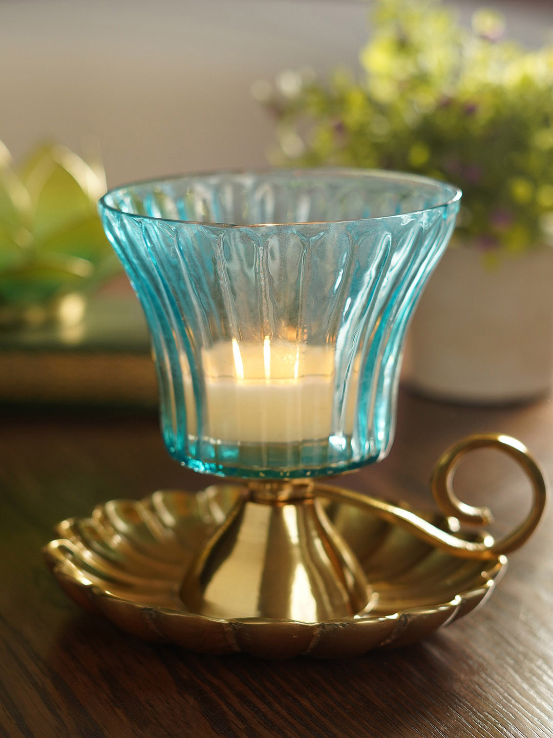 

Pure Home and Living Blue & Gold Toned Ribbed Candle Holder With Stand