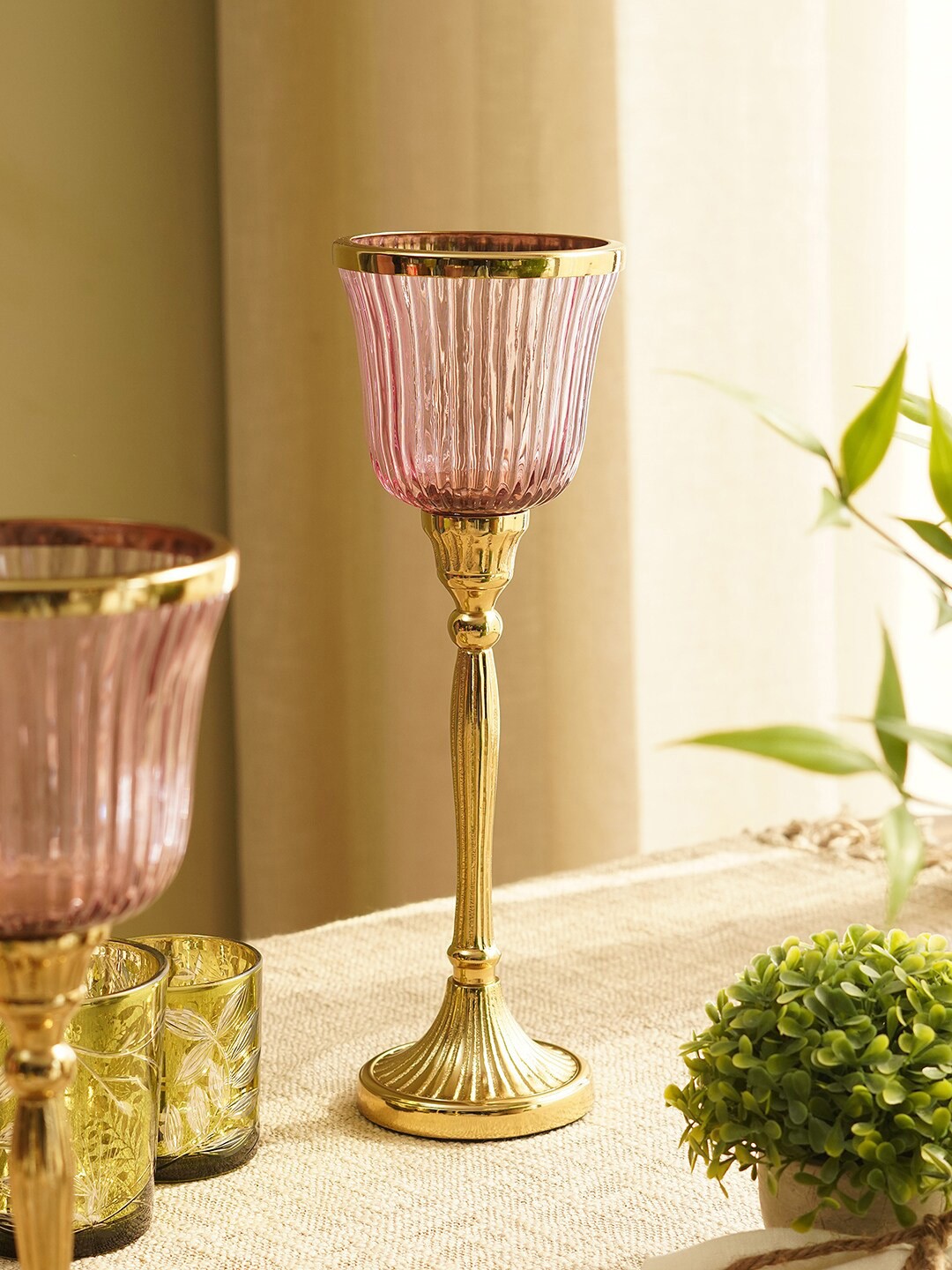 

Pure Home and Living Pink & Gold Toned Ribbed Candle Holder With Stand