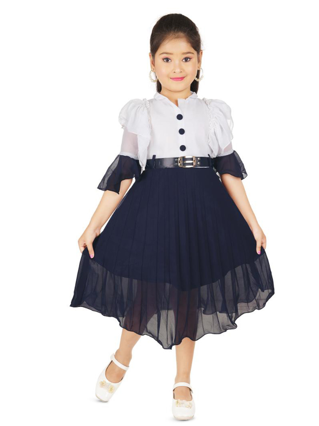 

BAESD Mandarin Collar Three-Quarter Sleeves Fit & Flare Midi Dress, Blue