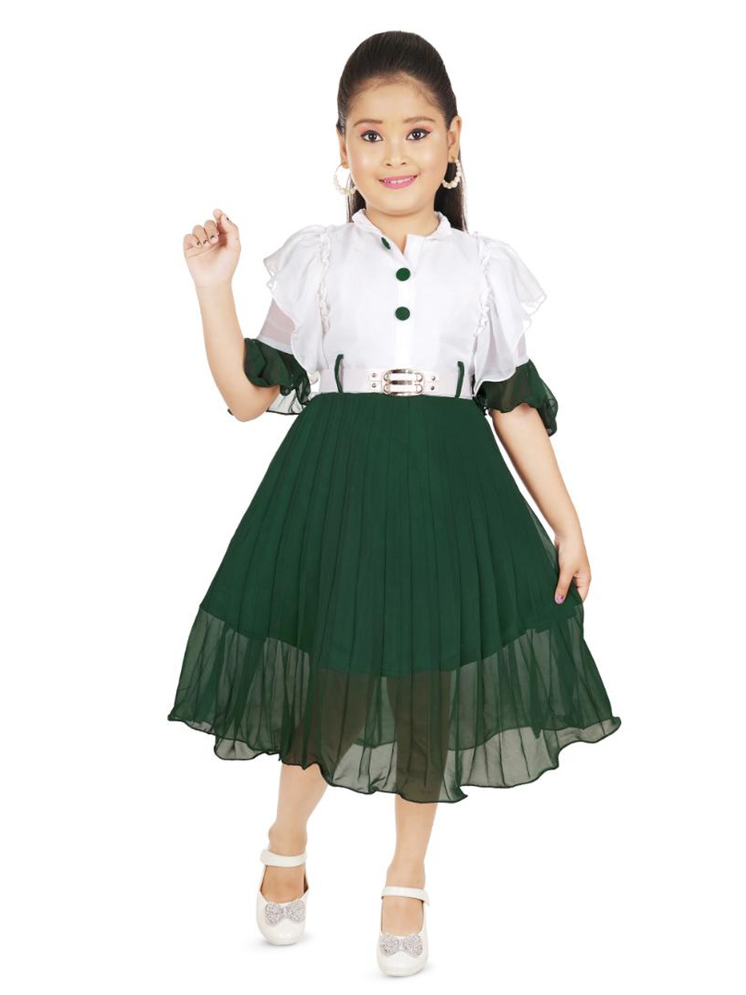 

BAESD Striped Mandarin Collar Short Sleeves Fit & Flare Midi Dress, Green
