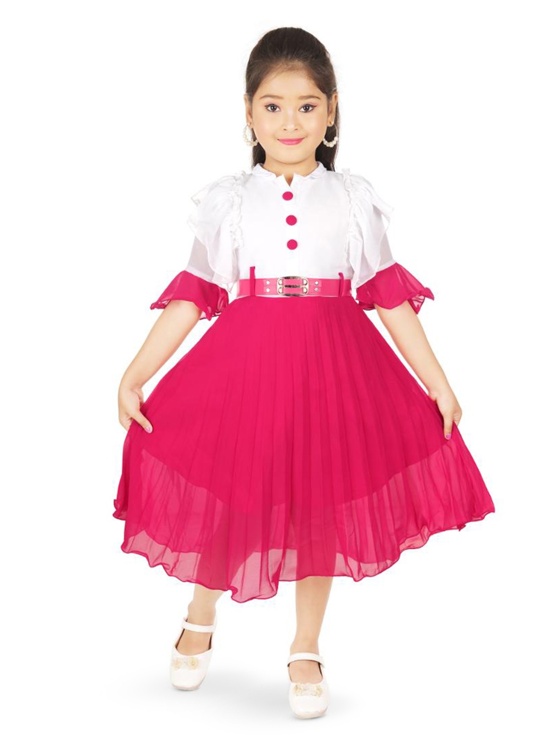 

BAESD Colourblocked Mandarin Collar Short Sleeves Fit & Flare Midi Dress, Red