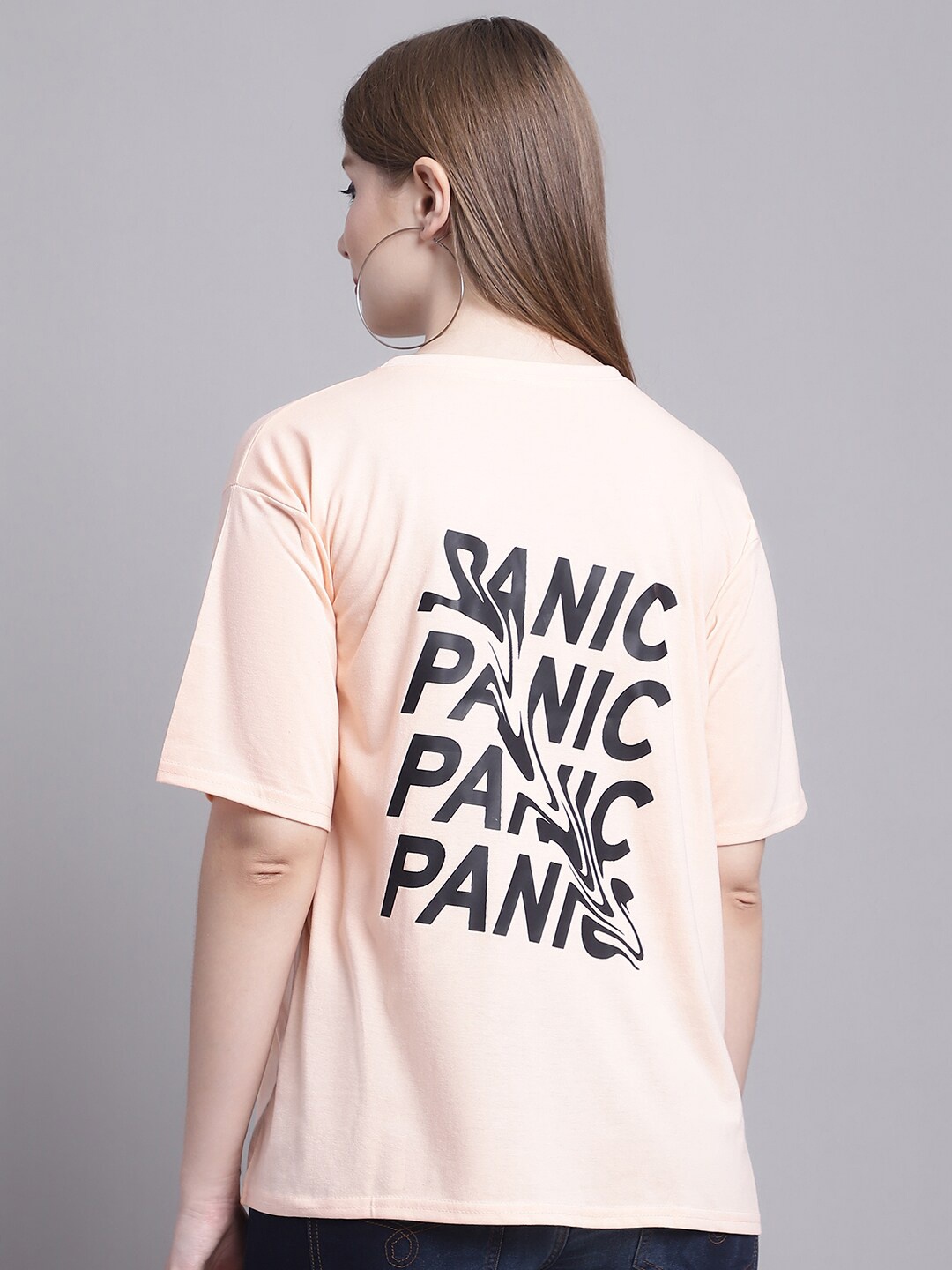 

GRACIT Typography Printed Drop-Shoulder Sleeves Pure Cotton Oversized T-shirt, Peach