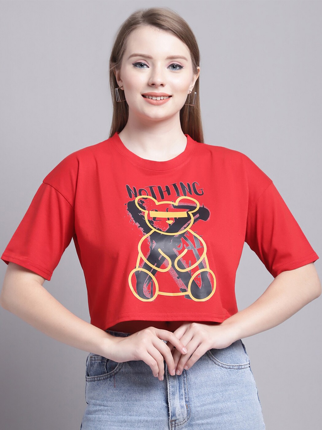 

GRACIT Graphic Printed Drop-Shoulder Sleeves Pure Cotton Crop Oversized T-shirt, Red