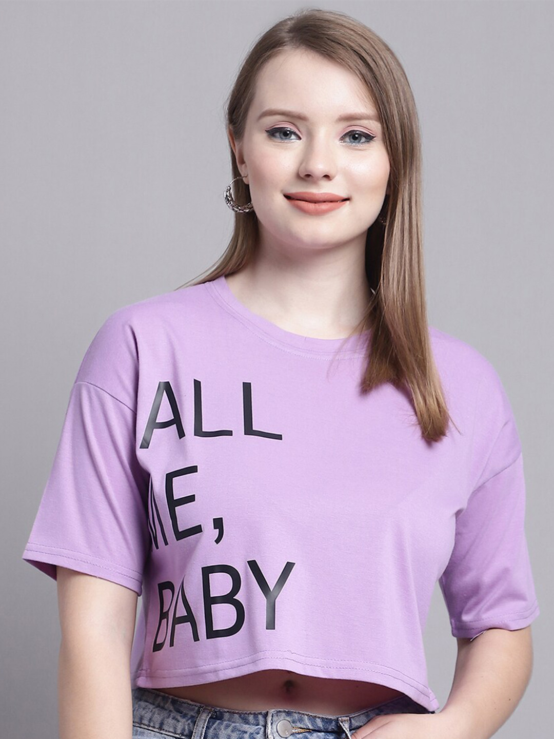 

GRACIT Typography Printed Drop-Shoulder Sleeves Pure Cotton Crop Oversized T-shirt, Purple