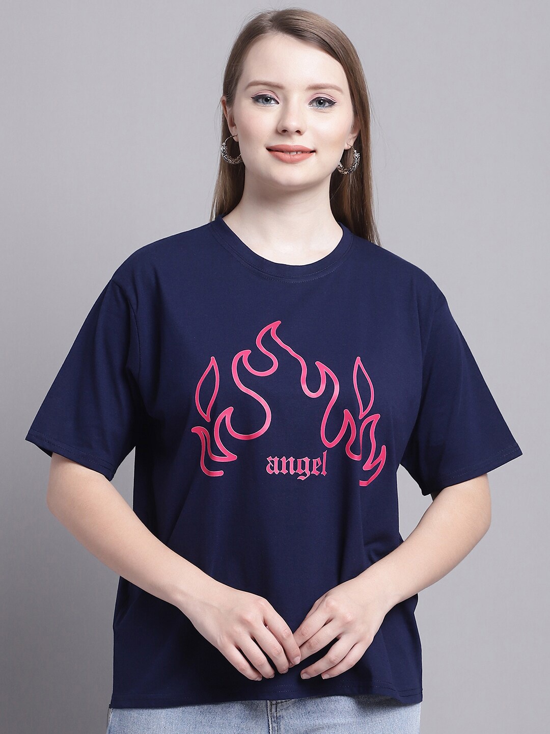 

GRACIT Graphic Printed Drop-Shoulder Oversized Pure Cotton T-shirt, Navy blue